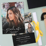 Black and white graduate script photo graduation invitation<br><div class="desc">Black and white graduate script open house photo graduation. Add 4 of your favorite photos with an elegant script calligraphy and photo grid collage.</div>