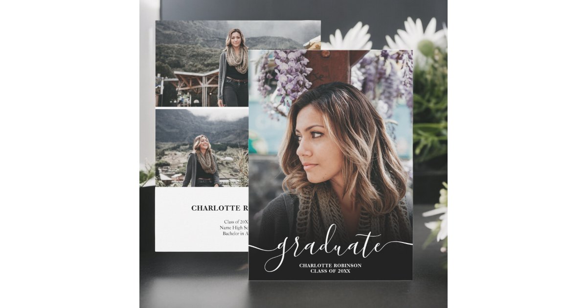 Black and white graduate script photos graduation announcement | Zazzle