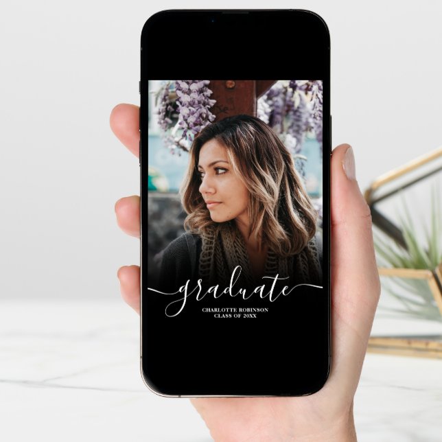 Black and white graduate script photos graduation announcement (Front Digital)