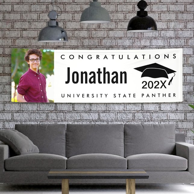 Black and white graduation 1 photo cap modern bold banner (Creator Uploaded)