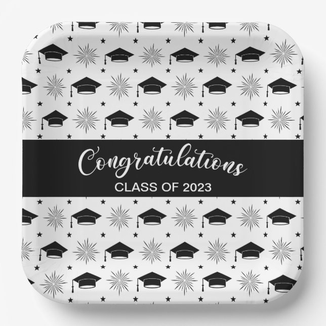 Black and White Graduation Cap Pattern Paper Plates (Front)