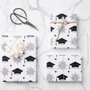 Black and White Graduation Cap Pattern Wrapping Paper Sheets
