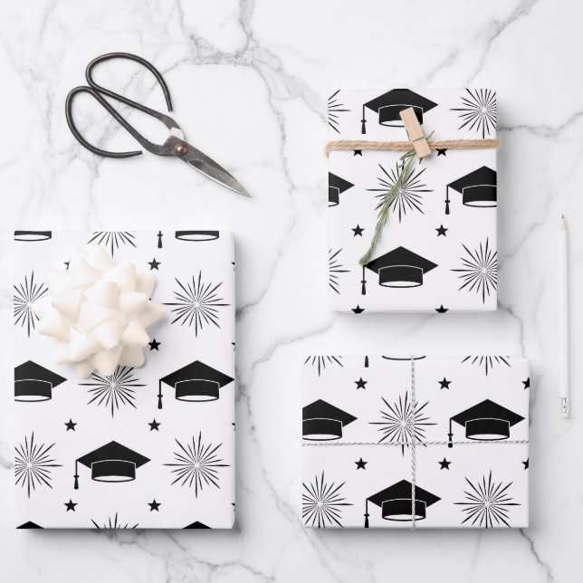 Black and White Graduation Cap Pattern Wrapping Paper Sheets (Front)