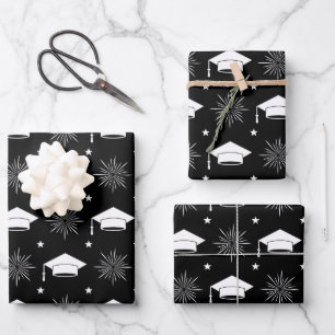 Black and White Graduation Cap Pattern Wrapping Paper Sheets