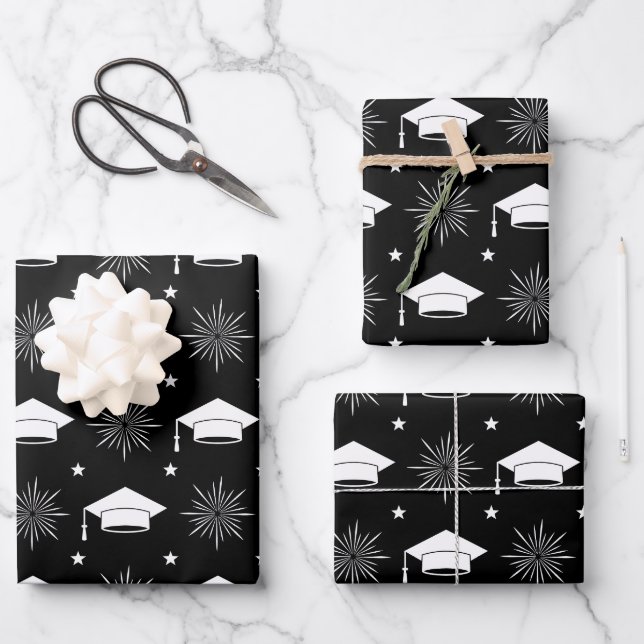 Black and White Graduation Cap Pattern Wrapping Paper Sheets (Front)