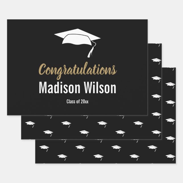 Black and White Graduation Congratulations Wrapping Paper Sheets (Set)