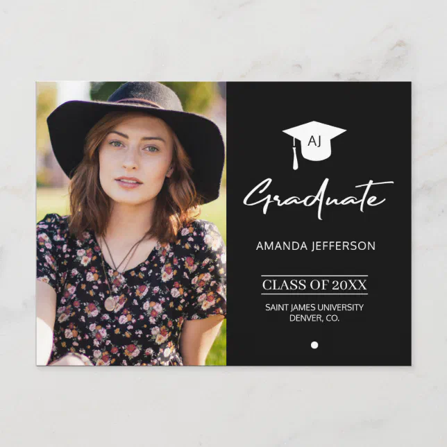 Black and White Graduation | Monogrammed photo Postcard | Zazzle