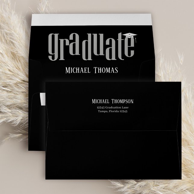 Black And White Graduation Personalized Return Envelope (Graduation envelope with fun and creative typography script. )