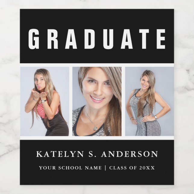 Black and White Graduation Photo Collage Custom Wine Label (Single Label)