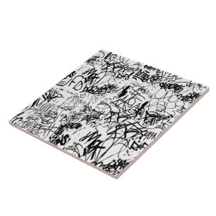 Black and White Graffiti Abstract Collage Ceramic Tile