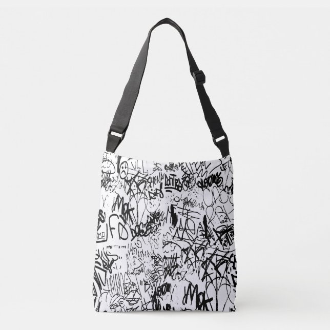 Black and White Graffiti Abstract Collage Crossbody Bag (Front)