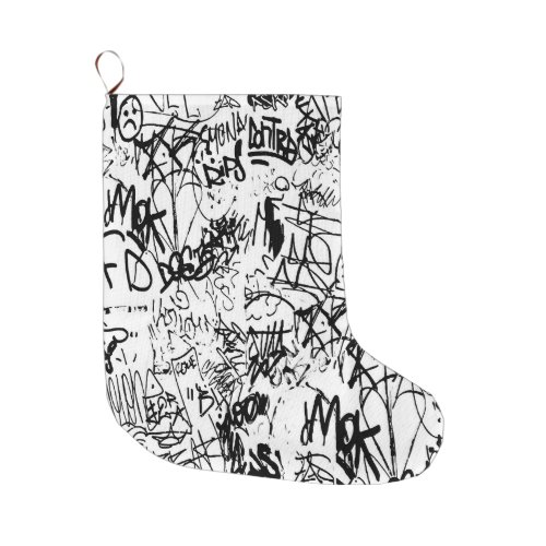 Black and White Graffiti Abstract Collage Large Christmas Stocking
