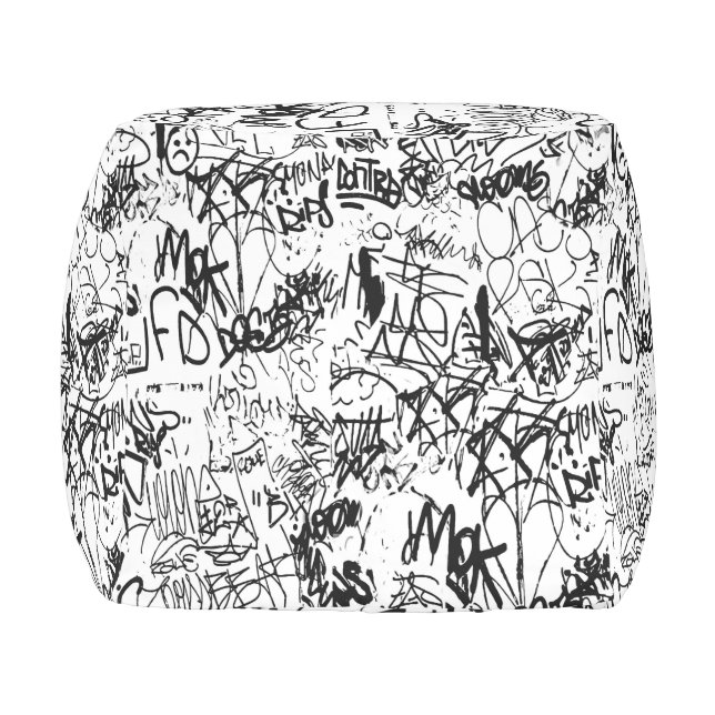 Black and White Graffiti Abstract Collage Outdoor Pouf (Left)
