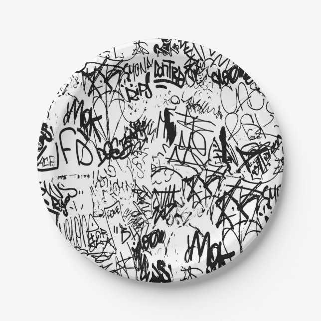 Black and White Graffiti Abstract Collage Paper Plates (Front)