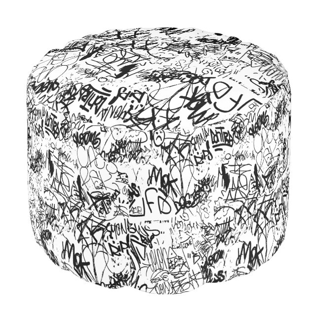 Black and White Graffiti Abstract Collage Pouf (Angled Front)
