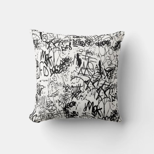Black and White Graffiti Abstract Collage Throw Pillow
