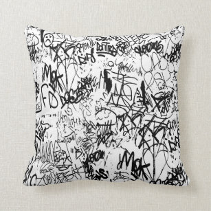 Black and White Graffiti Abstract Collage Throw Pillow