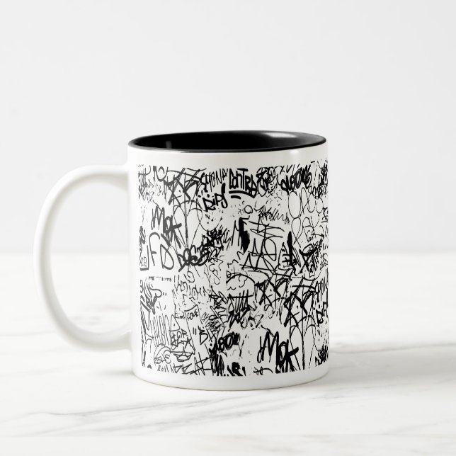 Black and White Graffiti Abstract Collage Two-Tone Coffee Mug (Left)