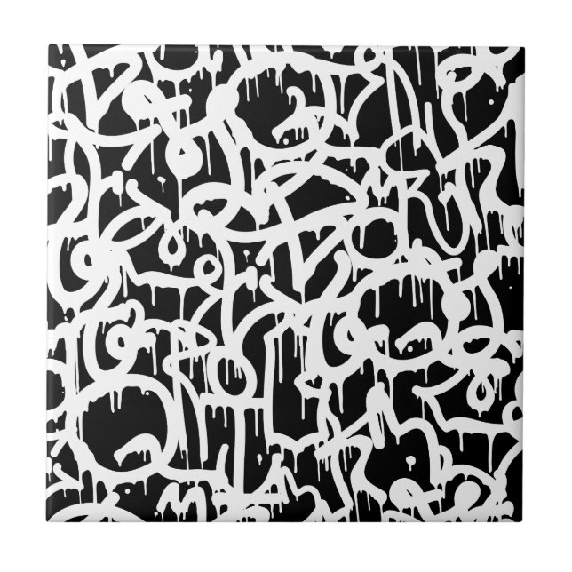 Black and White Graffiti pattern Ceramic Tile (Front)