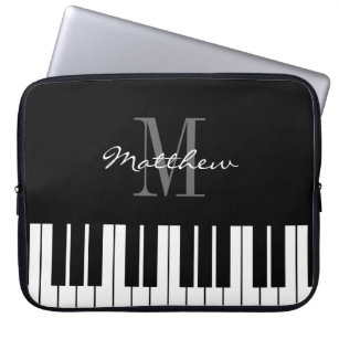Black and white grand piano keys custom monogram laptop sleeve