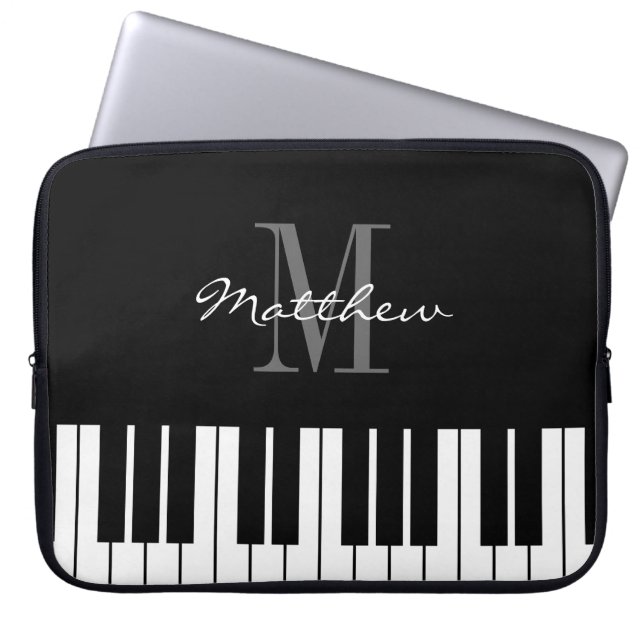 Black and white grand piano keys custom monogram laptop sleeve (Front)
