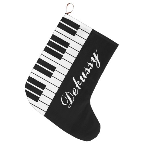 Black and white grand piano keys custom name large christmas stocking