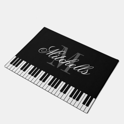 Black and white grand piano keys monogram door mat