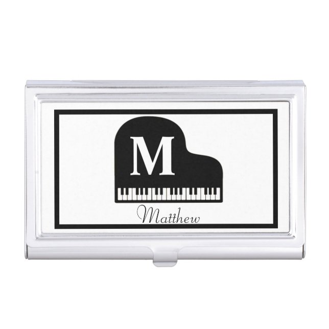 Black and White Grand Piano Monogram Pianist  Business Card Case (Front)