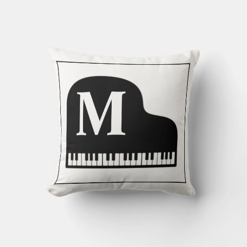 Black and White Grand Piano Monogram Pianist  Throw Pillow