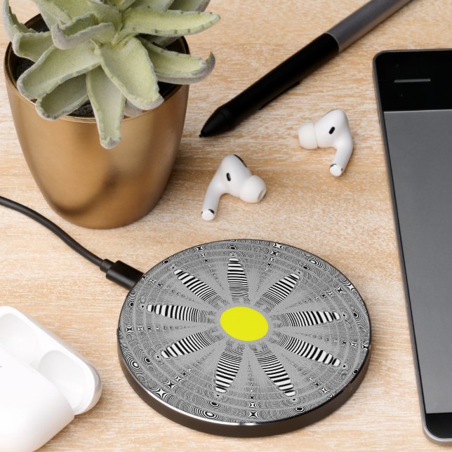 Black and White Graphic Funky Flower Fractal  Wireless Charger (Desk 2)