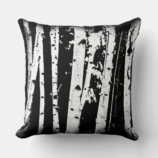 Black and White Graphic Paper Birch Trees Throw Pillow (Front)