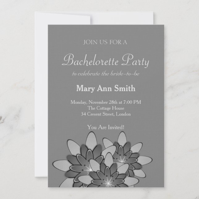 Black and White Gray Floral Lotus Bachelor Party Invitation (Front)
