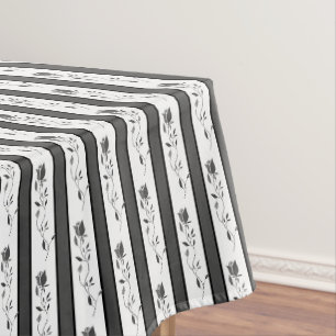 Black and white gray vintage striped with roses tablecloth