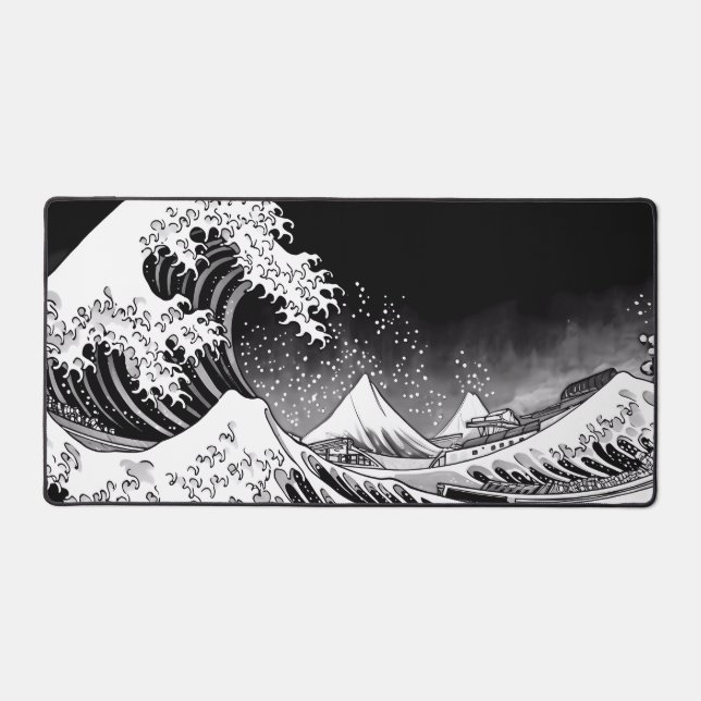 Black and White Great Wave off kanagawa gray xxl  Desk Mat (Front)
