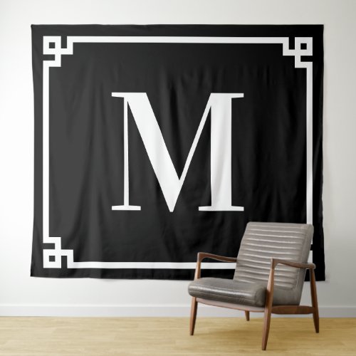 Black and White Greek Key Border Big Monogram M Tapestry