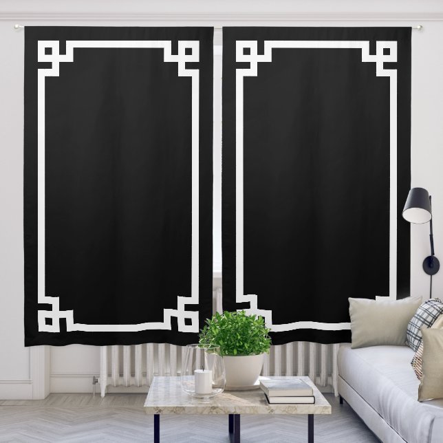 Black and White Greek Key Border Blackout Curtains (Living Room)