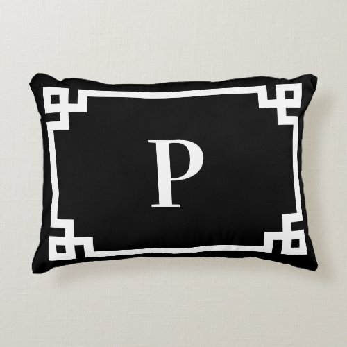 Black and White Greek Key Border Monogram Accent Pillow