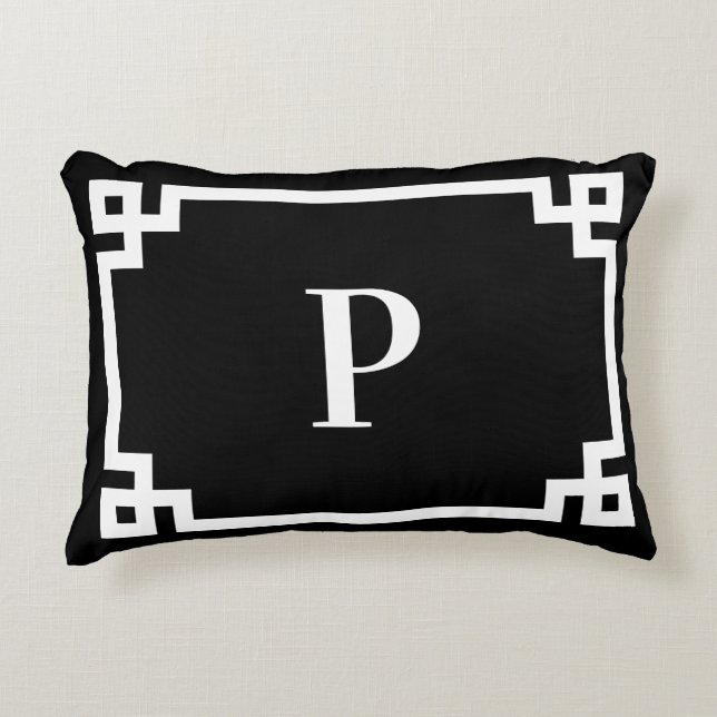 Black and White Greek Key Border Monogram Accent Pillow (Front)