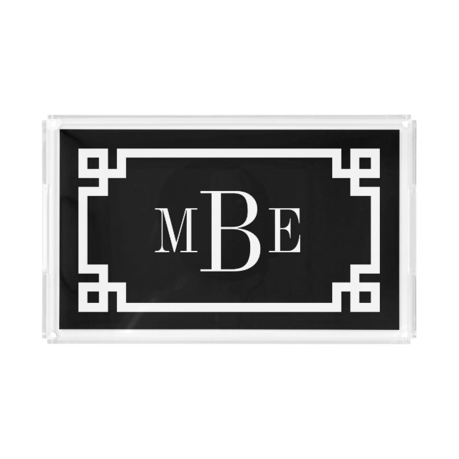 Black and White Greek Key Border Monogram Acrylic Tray (Front)