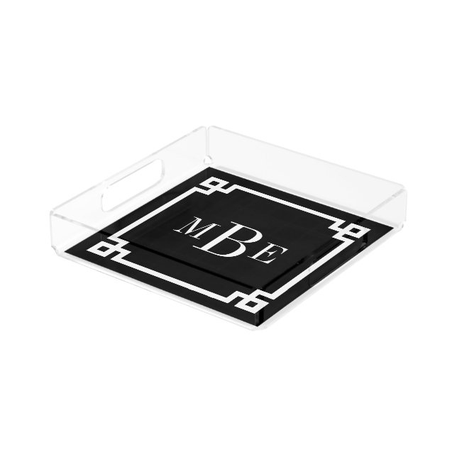 Black and White Greek Key Border Monogram Acrylic Tray (Angled)