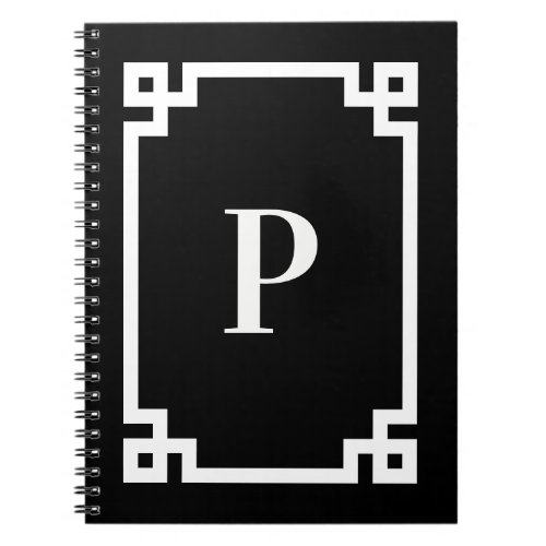 Black and White Greek Key Border Monogram Blank Notebook