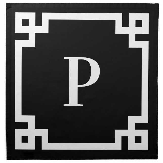 Black and White Greek Key Border Monogram Cloth Napkin (Front)
