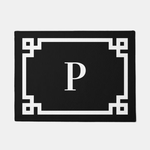 Black and White Greek Key Border Monogram Doormat