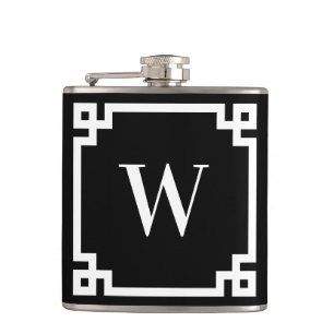 Black and White Greek Key Border Monogram Flask
