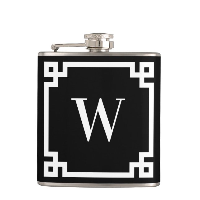 Black and White Greek Key Border Monogram Flask (Front)