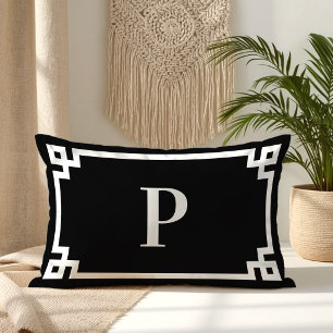 Black and White Greek Key Border Monogram Lumbar Pillow