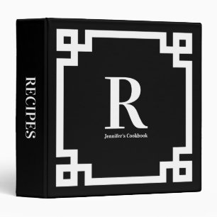 Black and White Greek Key Border Monogram Recipe 3 Ring Binder