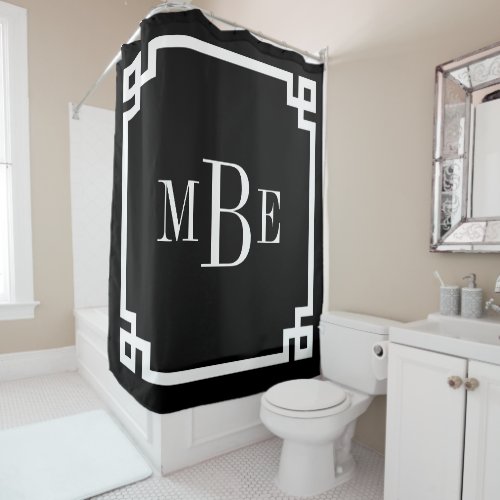 Black and White Greek Key Border Monogram Shower Curtain