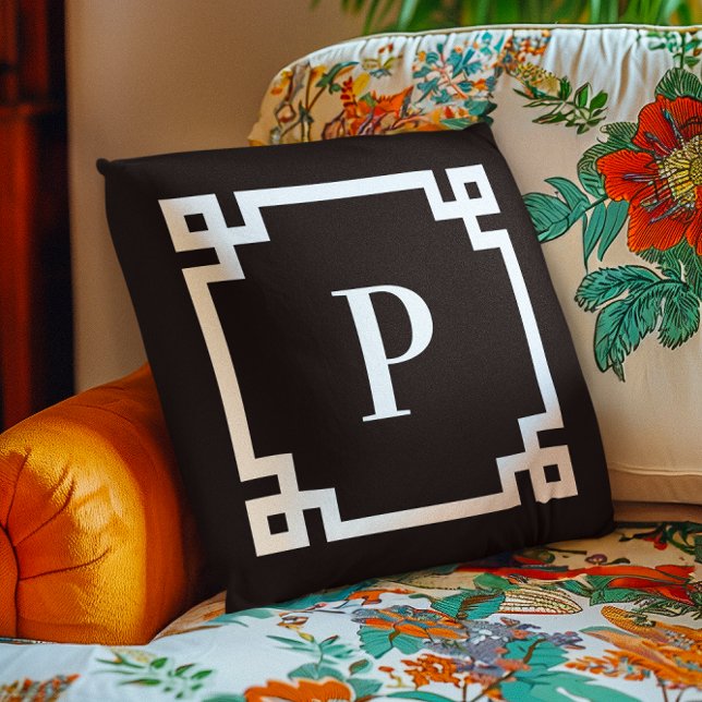 Black and White Greek Key Border Monogram Throw Pillow (Black and White Greek Key Border Monogram Throw Pillow)