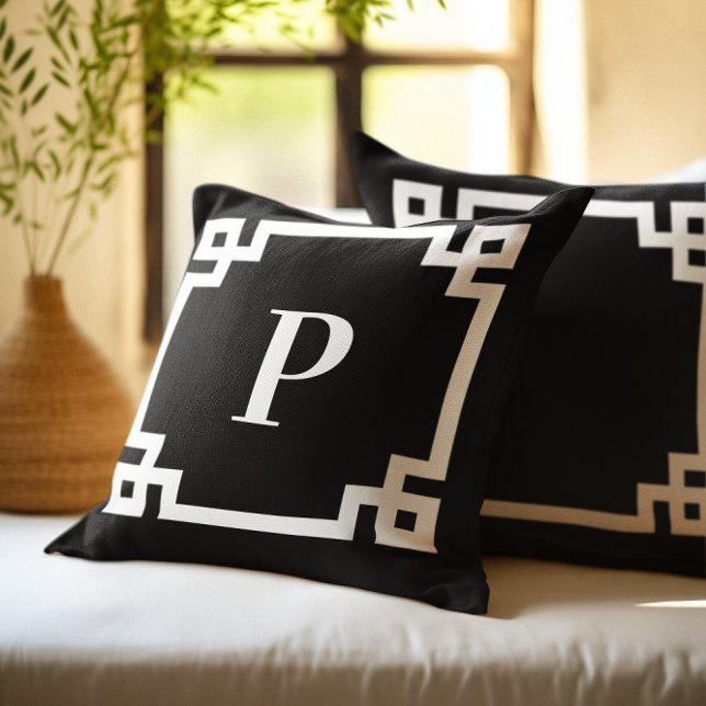 Black and White Greek Key Border Monogram Throw Pillow (Black and White Greek Key Border Monogram Throw Pillow)